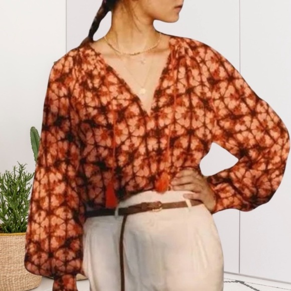 Anthropologie Porridge cotton long sleeve tie neck elastic waist shirt top Sz S - Picture 1 of 10